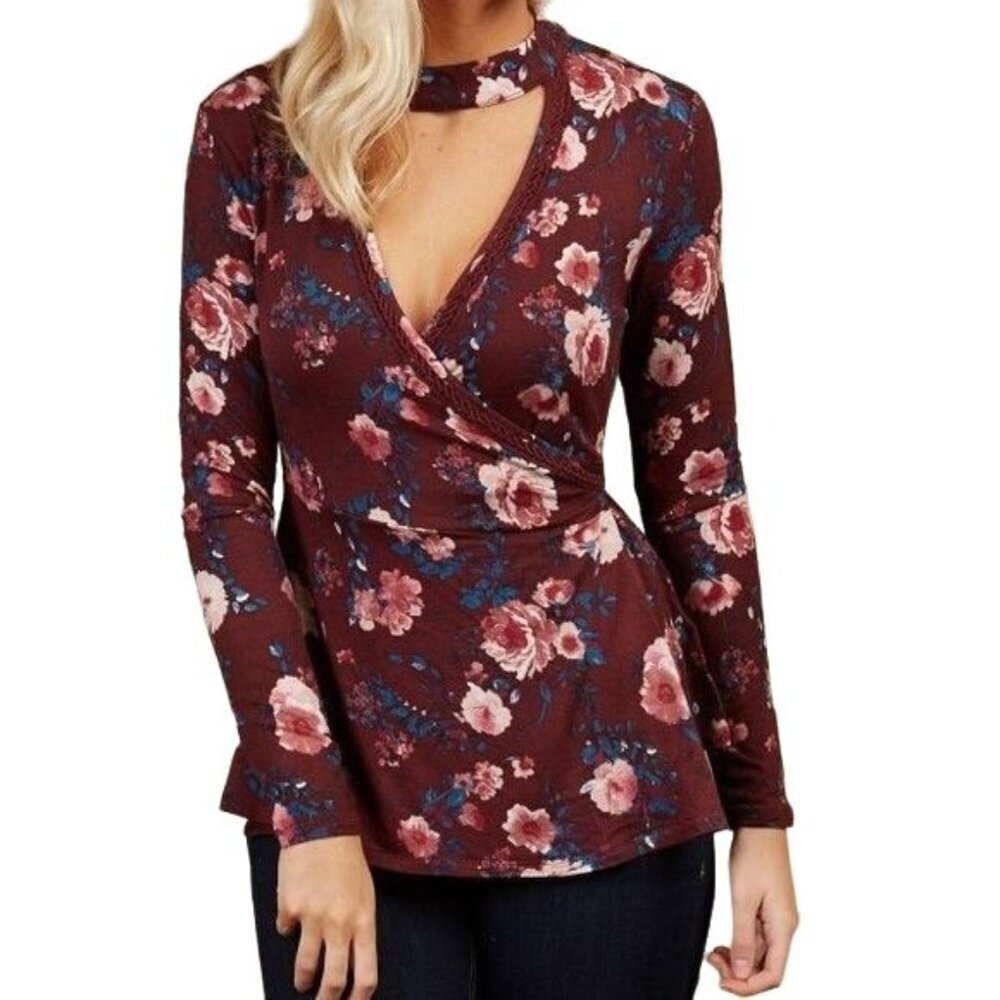 Altar'd State Maroon Floral Wrap Blouse
